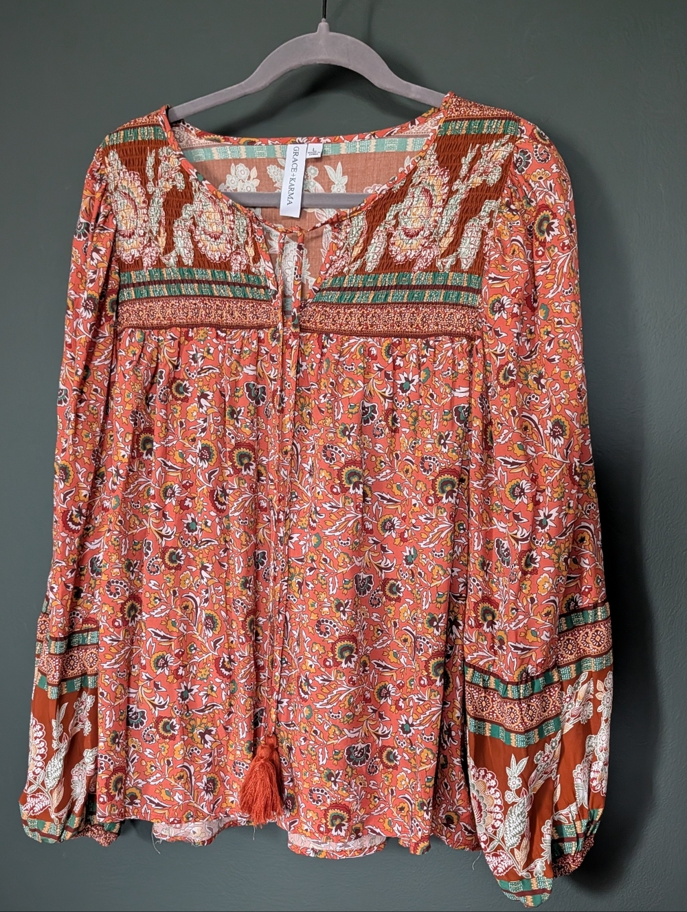 Grace + Karma Orange Floral Boho Peasant Blouse with Tassel Tie